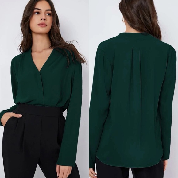 Tops - Long sleeve v neck pleated faux wrap look business casual blouse dark green